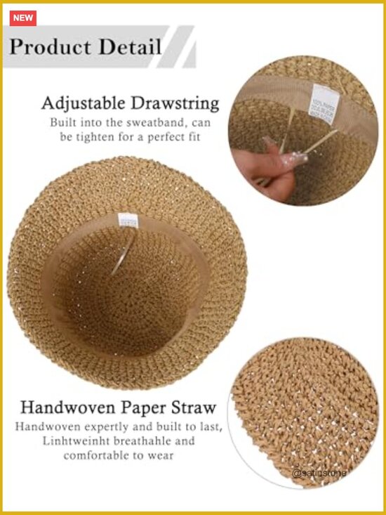 Handmade Crochet Straw Bucket Hat UPF 50+ UV Protection Foldable Travel Cap main image 5